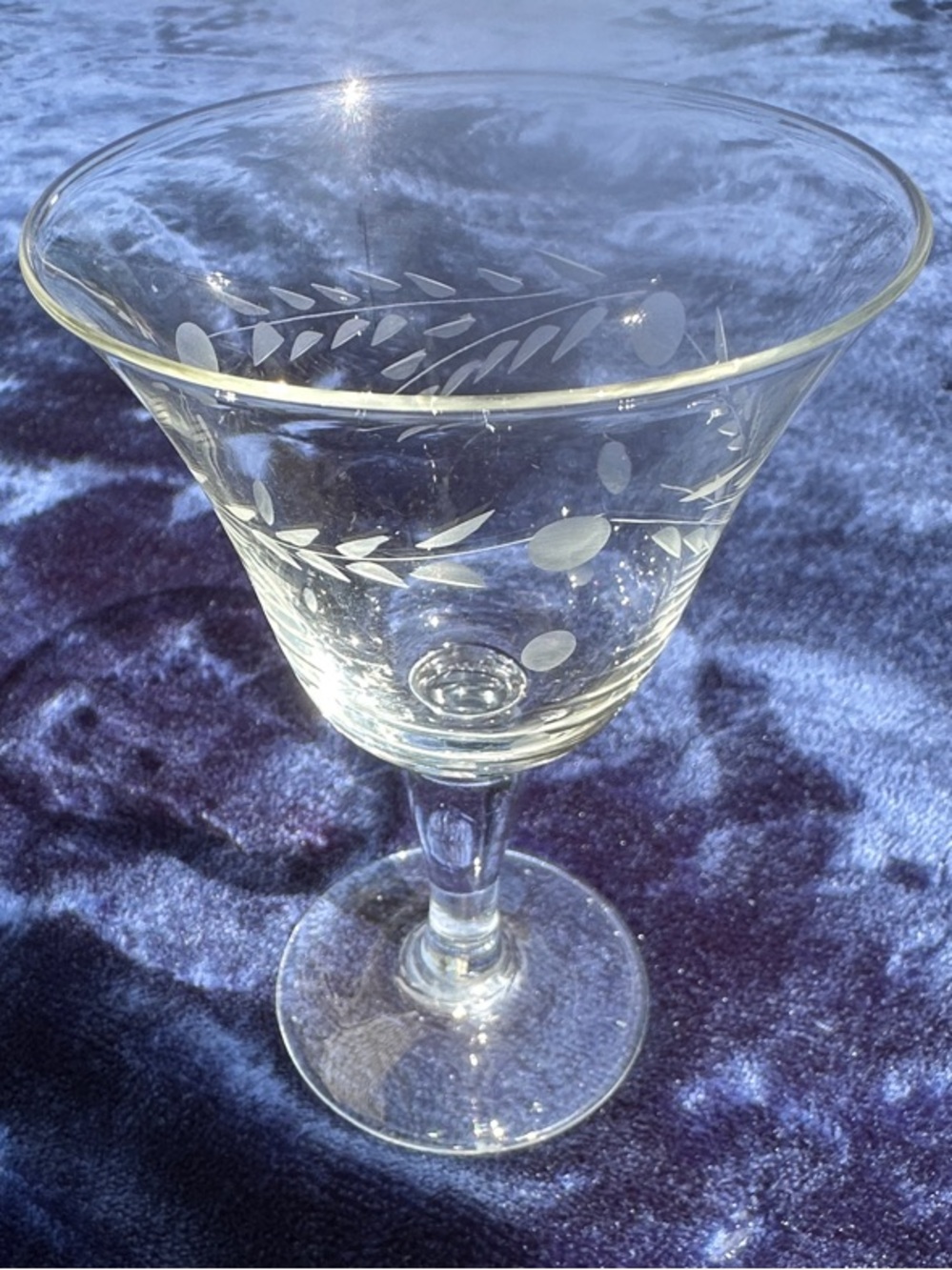 Vintage 1940s Willow Moon Etched Liquor Cocktail Glass Stemware by Pioneer